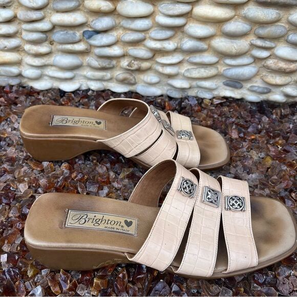 Brighton Brandy Cream/Beige/Nude Leather Croc Embossed 3 Strap Wedge Sandal 7.5 - Picture 5 of 8